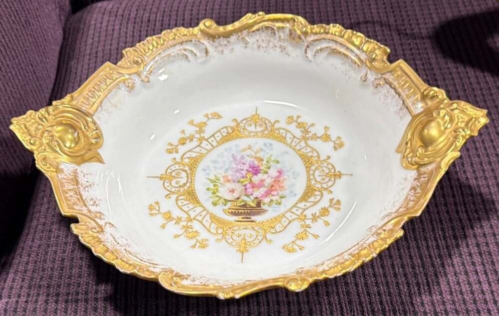 Limoges Antique Porcelain Hand Painted Floral Bowl Gold Trim